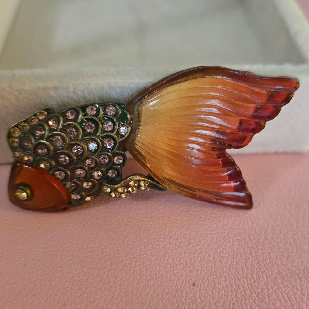 Vintage Koi Fish Brooch Rinestones and Lucite